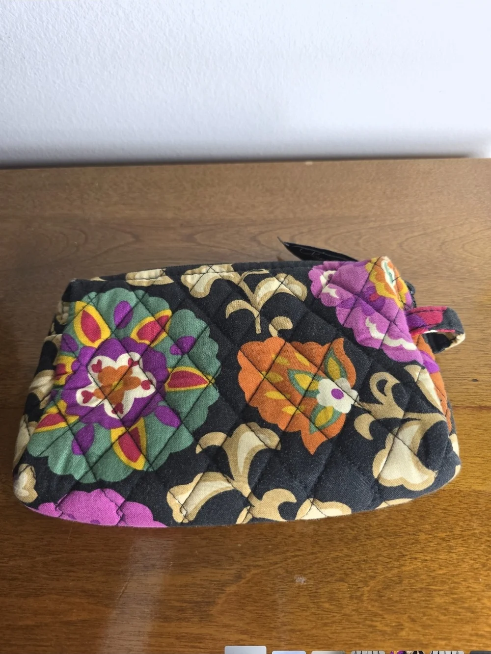 Vera Bradley Retired Black Quilted Cosmetic Pouch with Multicolor Floral Trim